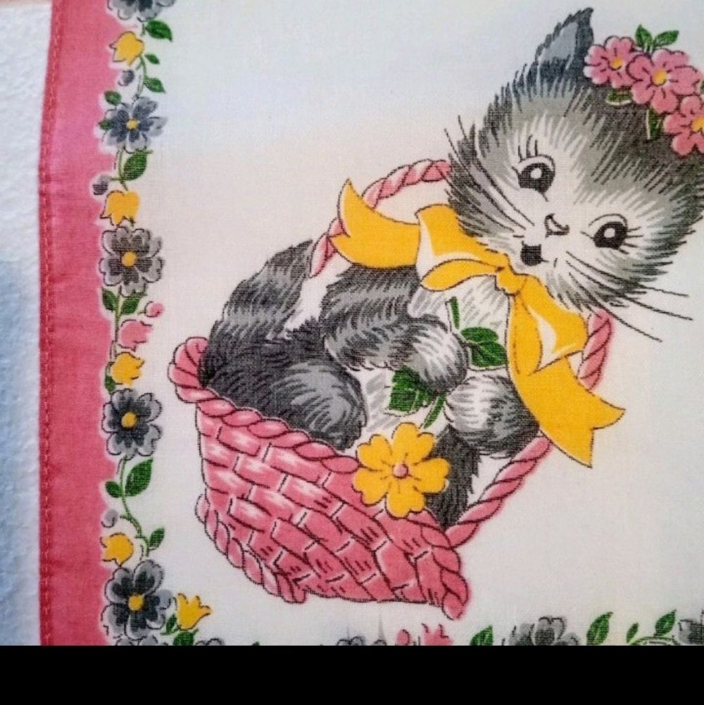 VTG NEW Never Used Crisp AnpromorphicPlayful Grey Kitty Pink White Hanky 50s/60s - Picture 6 of 12